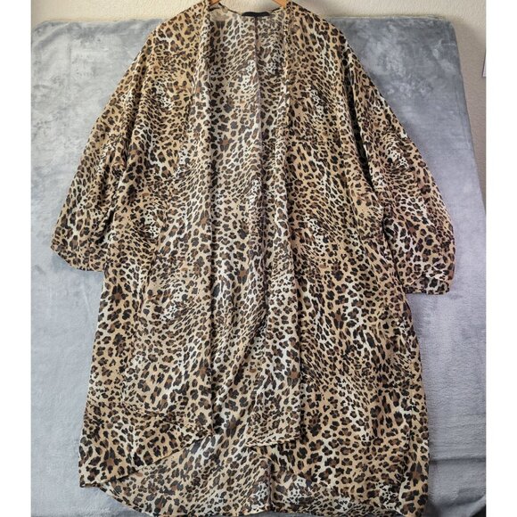 Womens Leopard Print‎ Duster Kimono Semi Sheer Open Front Cardigan resortwear - Picture 1 of 9